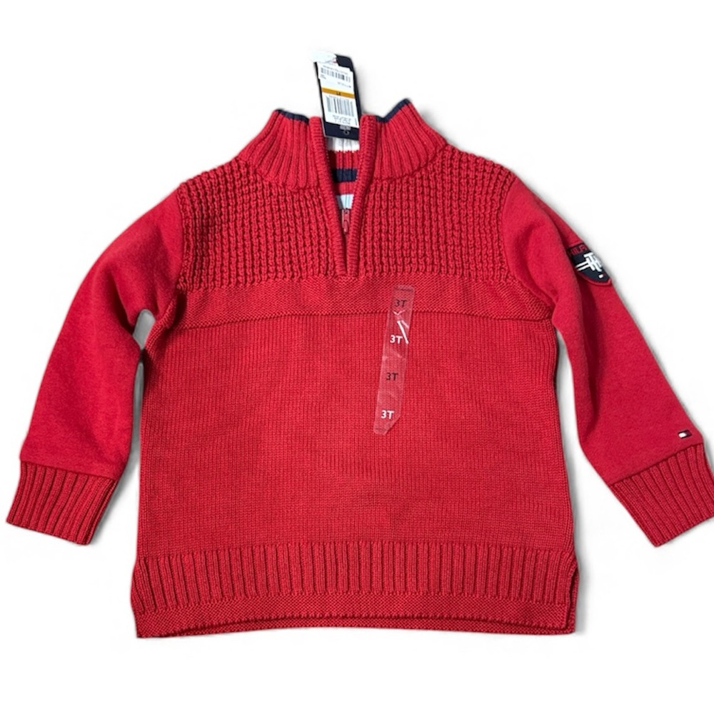 Tommy Hilfiger Toddle‎ Boys Red Quarter Zip Pullover Sweater Size 3T NWT
